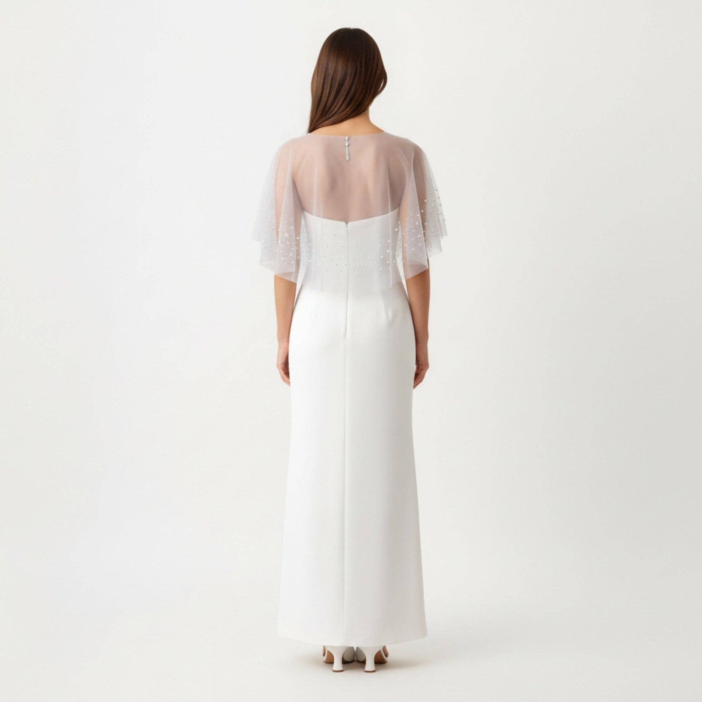 Sheer Pearl Embellished Capelet Shawl with Soft Tulle Fabric