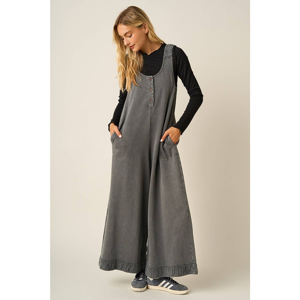 Mineral Wash Ruffle Hem Henley Jumpsuit