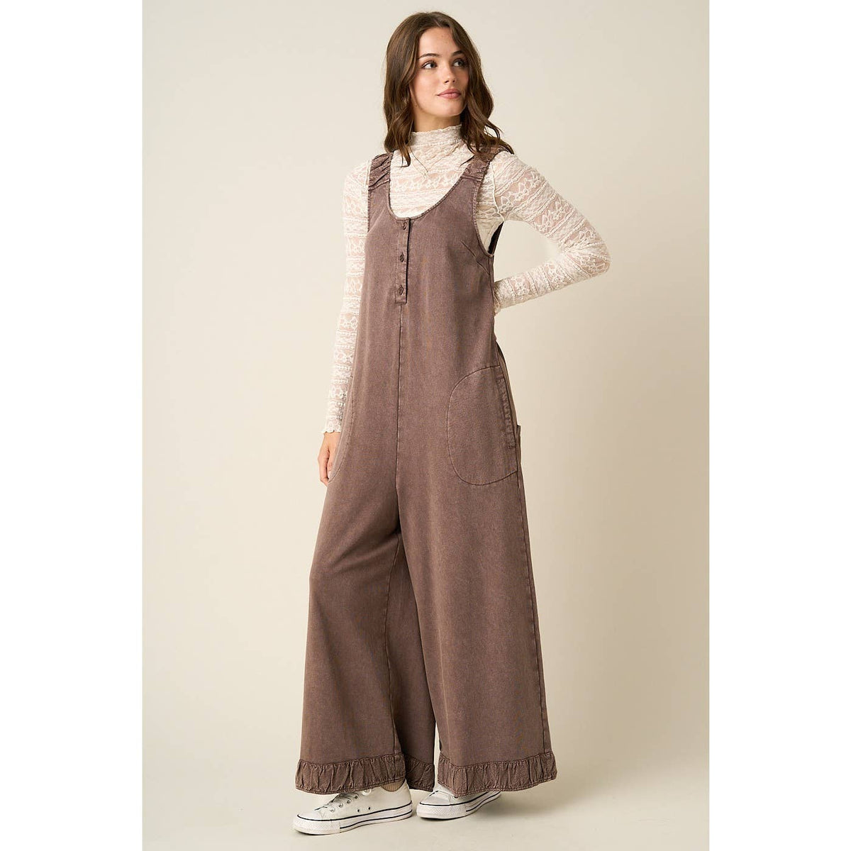 Mineral Wash Ruffle Hem Henley Jumpsuit