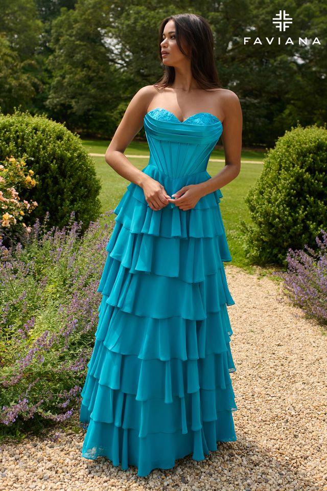 Seaglass Peekaboo Corset Satin And Chiffon Dress With Tiered Ruffled Skirt