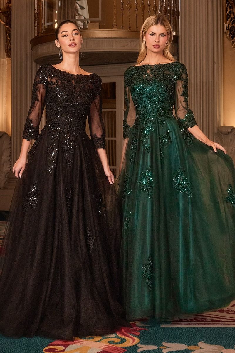 Three-Quarter Sleeve Sequin Tulle Ball Gown