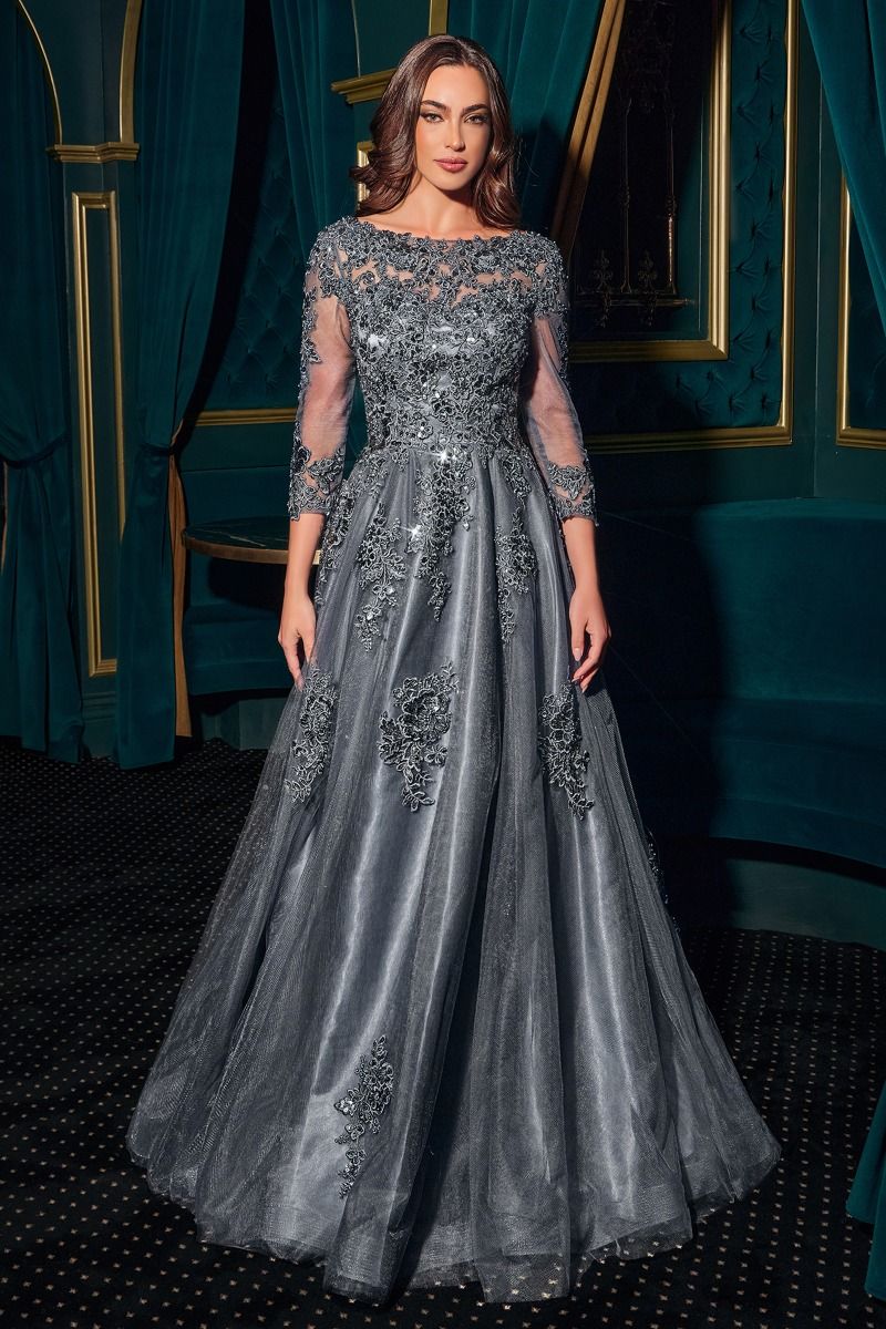 Three-Quarter Sleeve Sequin Tulle Ball Gown