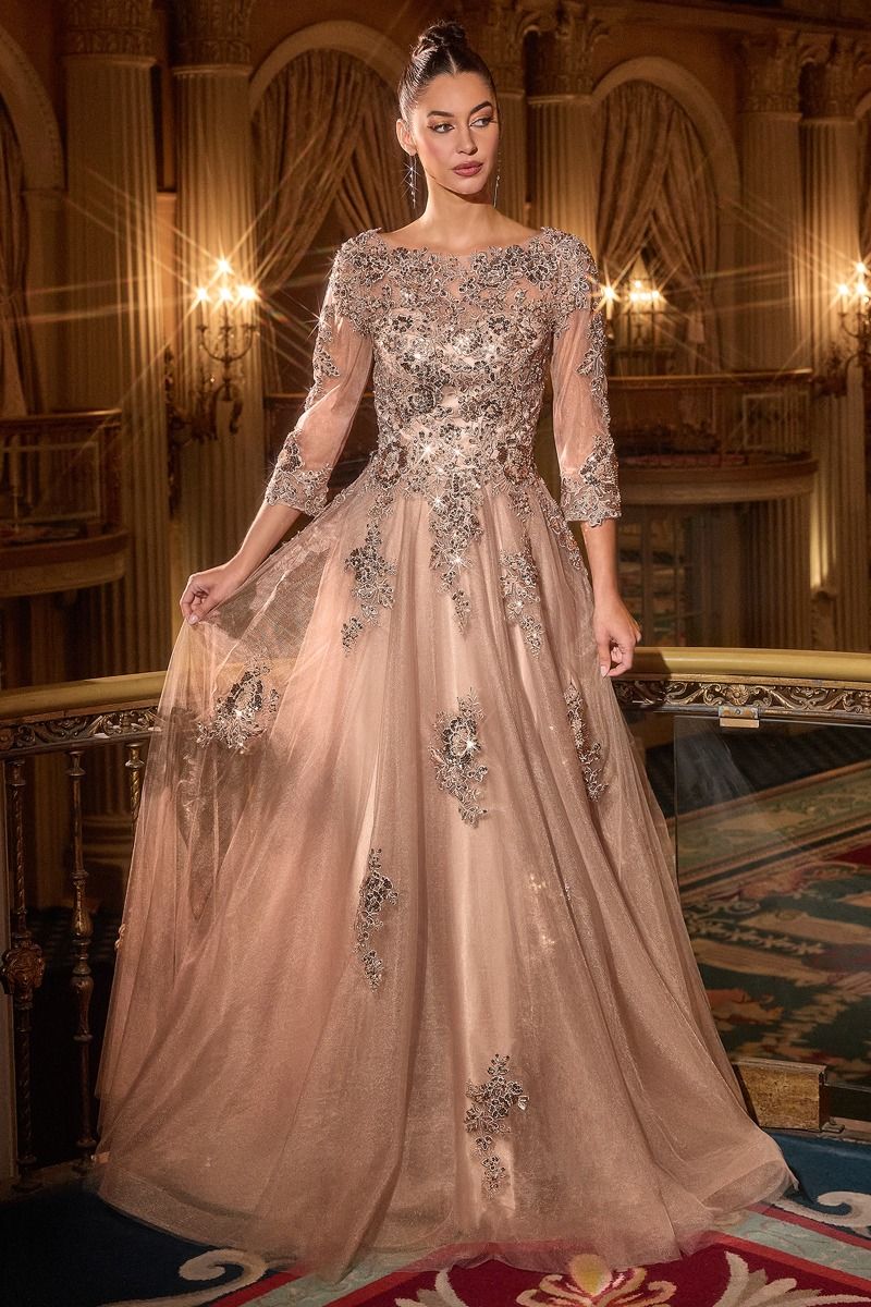 Three-Quarter Sleeve Sequin Tulle Ball Gown