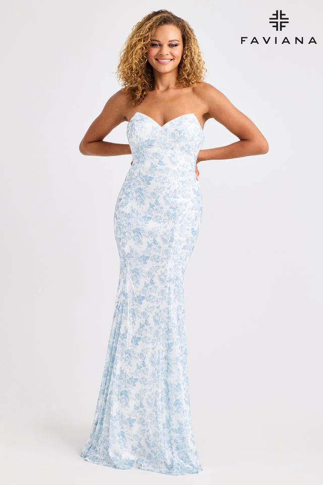 Pointed Bustier Strapless Sequin Dress With Blue And White Floral Print