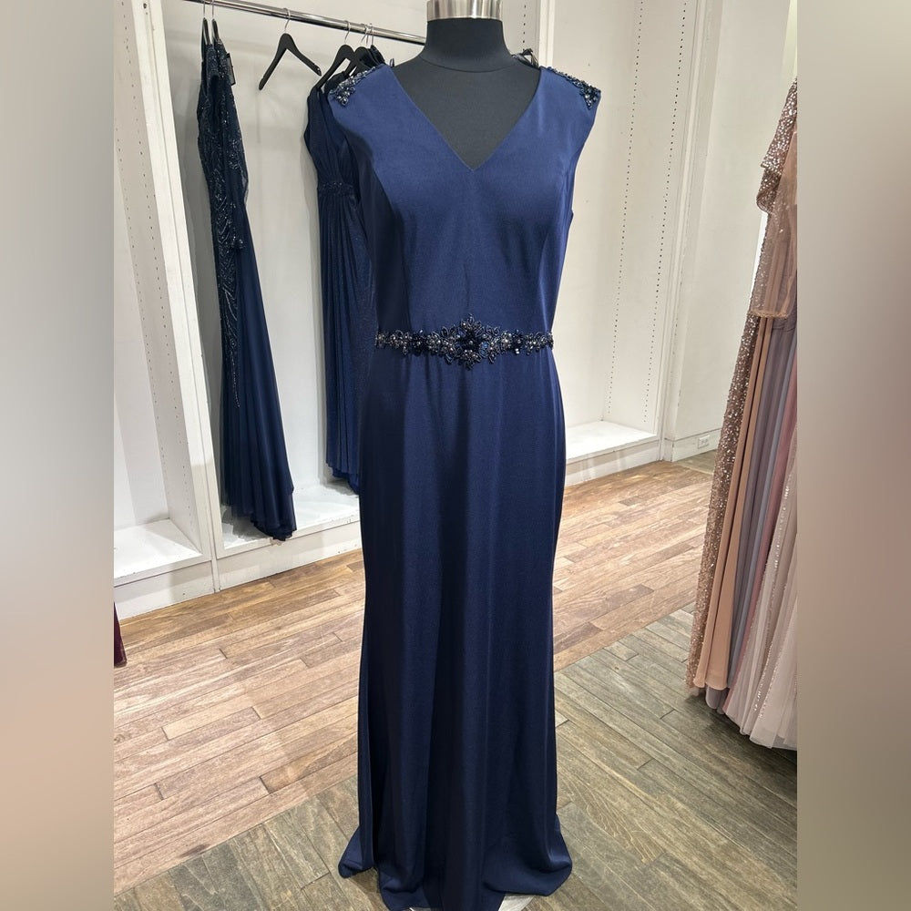 17076 V-Neckline Navy Blue Dress with Belt by Christina Wu
