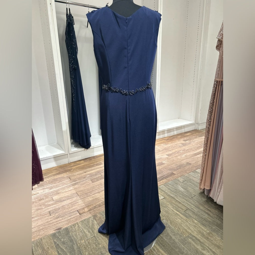 17076 V-Neckline Navy Blue Dress with Belt by Christina Wu