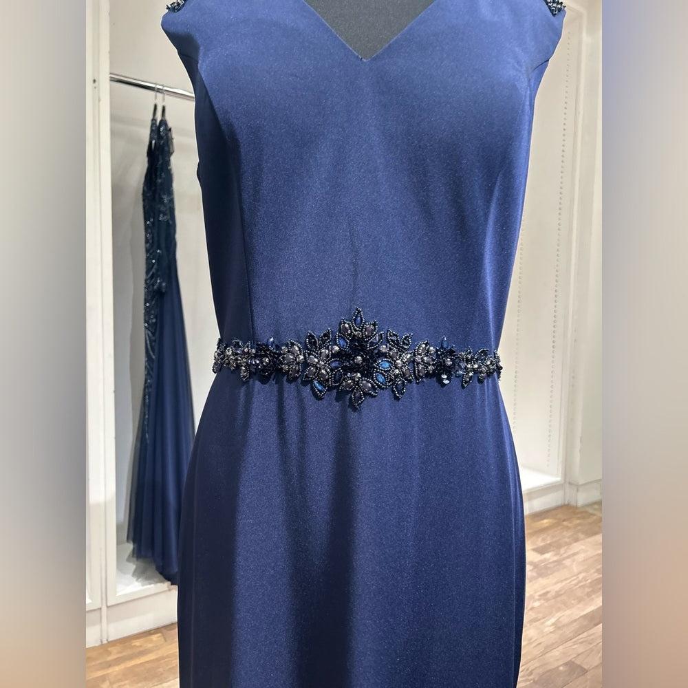 17076 V-Neckline Navy Blue Dress with Belt by Christina Wu