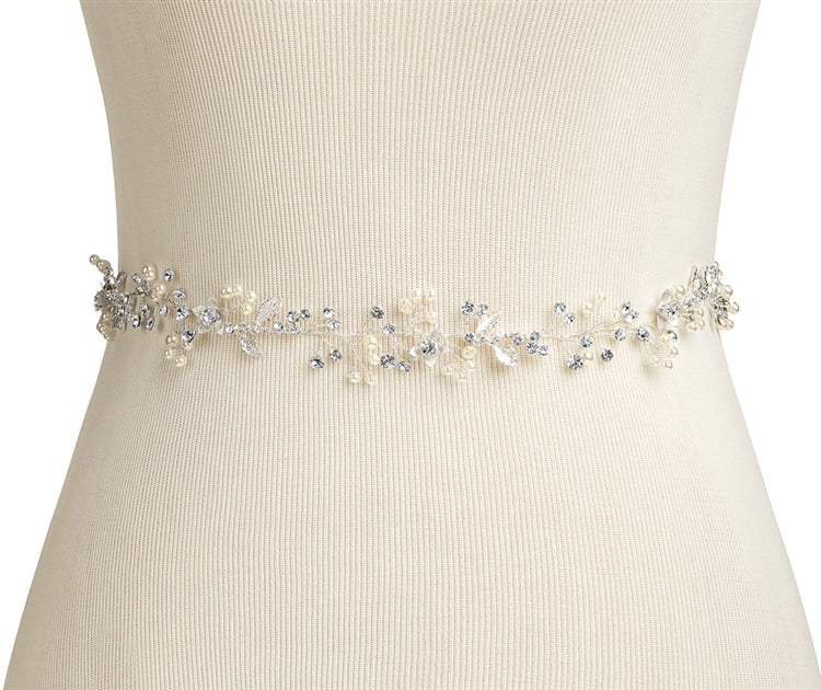 4663 Boho Pearls & Crystal Leaves Hand Wired Floral Vine Bridal Belt on Ivory Ribbon