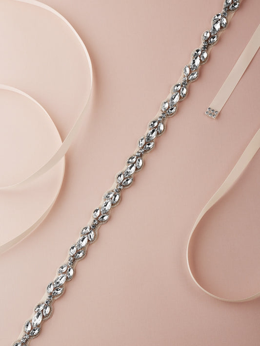 Extra Long 24" Narrow Bridal Belt with Clear Marquis Crystal Applique on Ivory Ribbon