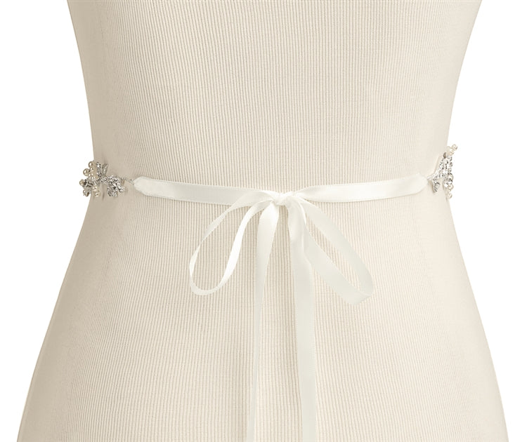 4663 Boho Pearls & Crystal Leaves Hand Wired Floral Vine Bridal Belt on Ivory Ribbon