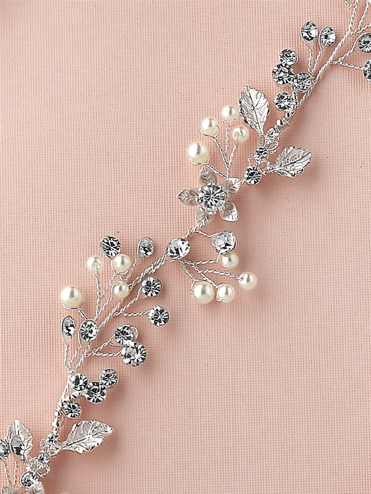 4663 Boho Pearls & Crystal Leaves Hand Wired Floral Vine Bridal Belt on Ivory Ribbon