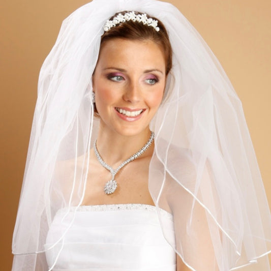 226V-30-I 2-Row 36" Fingertip Wedding Veil with Rounded Satin Cord Edge - Ivory