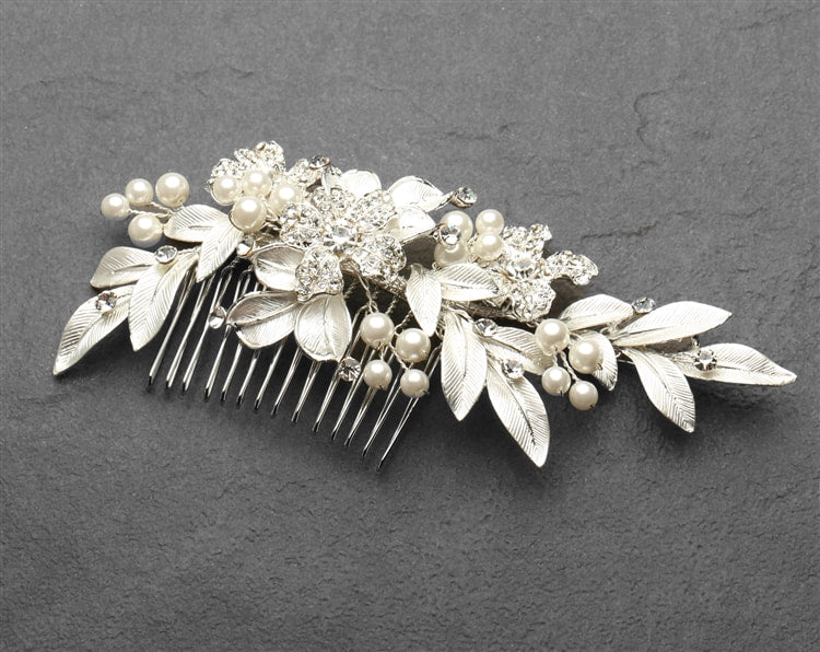 4437HC-I-S Couture Bridal Hair Comb for Weddings with Hand Painted Leaves and Pave Crystals