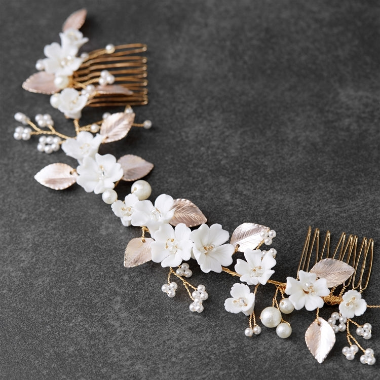 4631HC-I-G Gold Bridal Hair Comb Vine with Golden Blush Leaves & Lt. Ivory Resin Flowers