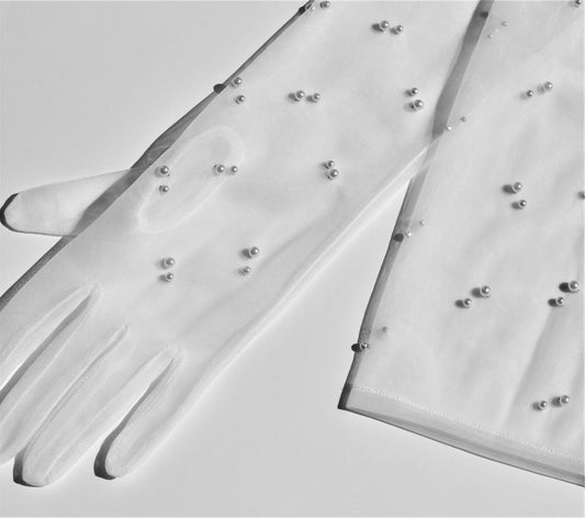 Long Tulle Nylon Wedding Gloves with High Quality Pearls