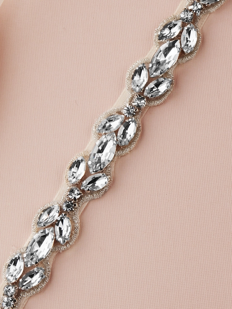 4659Extra Long 24" Narrow Bridal Belt with Clear Marquis Crystal Applique on Ivory Ribbon