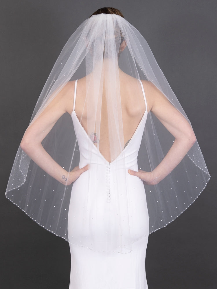 4679V Fingertip Length Beaded Bridal Veil with Bicon Crystal & Pearl Edge & Scattered Pearls