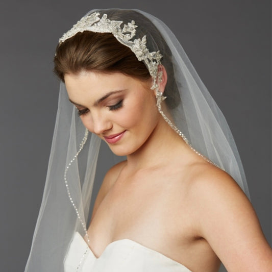 36" Fingertip Bridal Veil with Beaded Edge and Lace Applique Headpiece 4421V-I-S