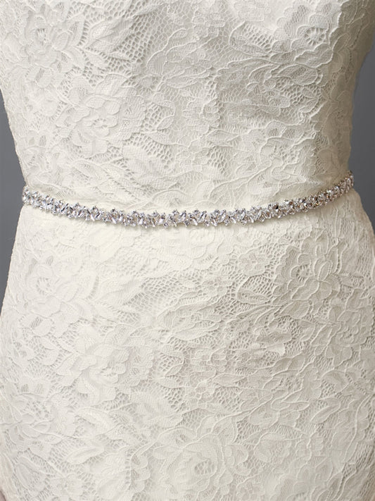 4610BT-I-S Slender Silver Bridal Belt with Austrian Crystals & Ivory Ribbon