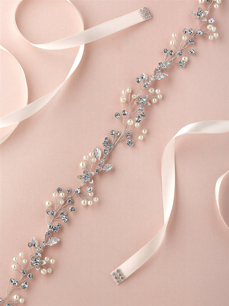 4663 Boho Pearls & Crystal Leaves Hand Wired Floral Vine Bridal Belt on Ivory Ribbon
