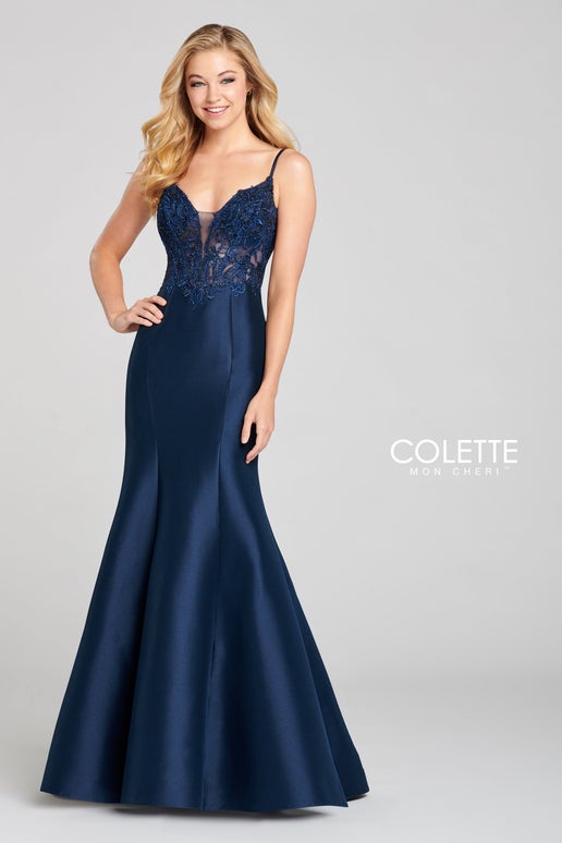 CL12112 Colette By Mon Cheri Mikado Lace Trumpet Gown