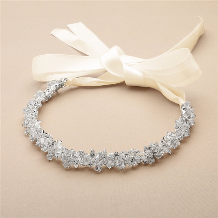 4431HB-1 Slender Bridal Headband with Hand-wired Crystal Clusters and Ivory Ribbons