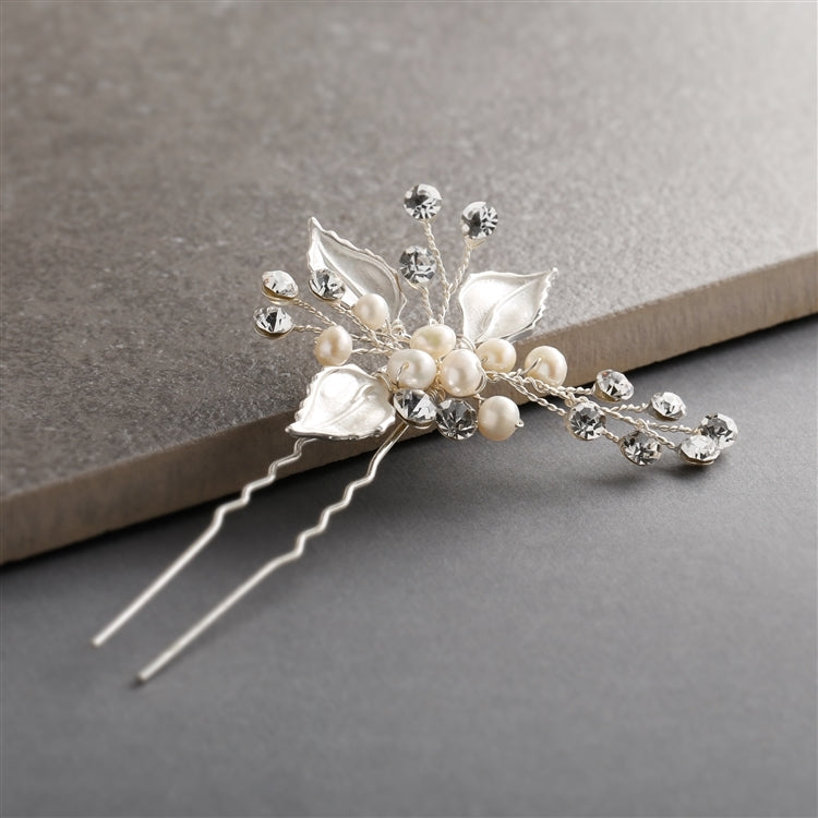 4426HC-I-S Best Selling Bridal Hair Pin with Hand-Painted Silver Leaves, Freshwater Pearl and Crystal Sprays