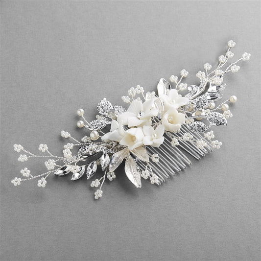 4607HC-S Best Selling Bridal Hair Comb with White Resin Flowers, Crystals and Dainty Pearl Sprays