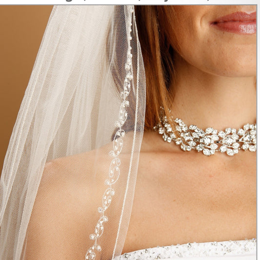 2-Row Ivory Fingertip Veil - Gold Pencil Edge, Pearls, Crystals, Beads & Delicate Chain 1400V-I-G