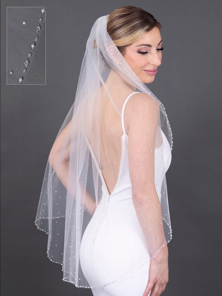 4679V Fingertip Length Beaded Bridal Veil with Bicon Crystal & Pearl Edge & Scattered Pearls