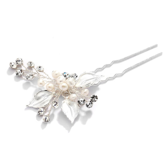4426HC-I-S Best Selling Bridal Hair Pin with Hand-Painted Silver Leaves, Freshwater Pearl and Crystal Sprays