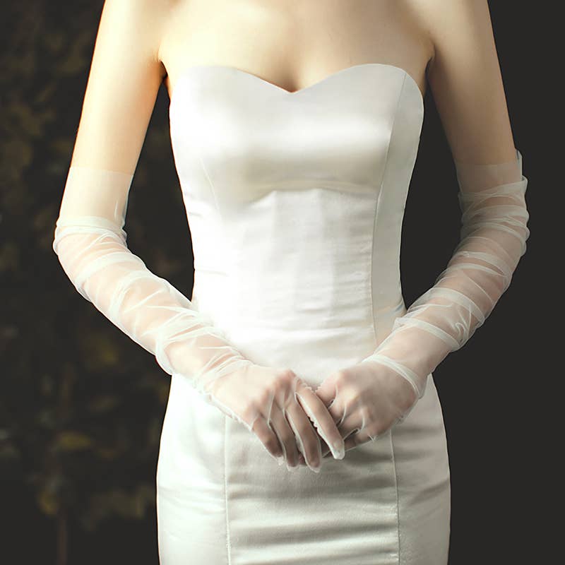 Long Tulle Nylon Sheer Wedding Gloves, White or Black: White