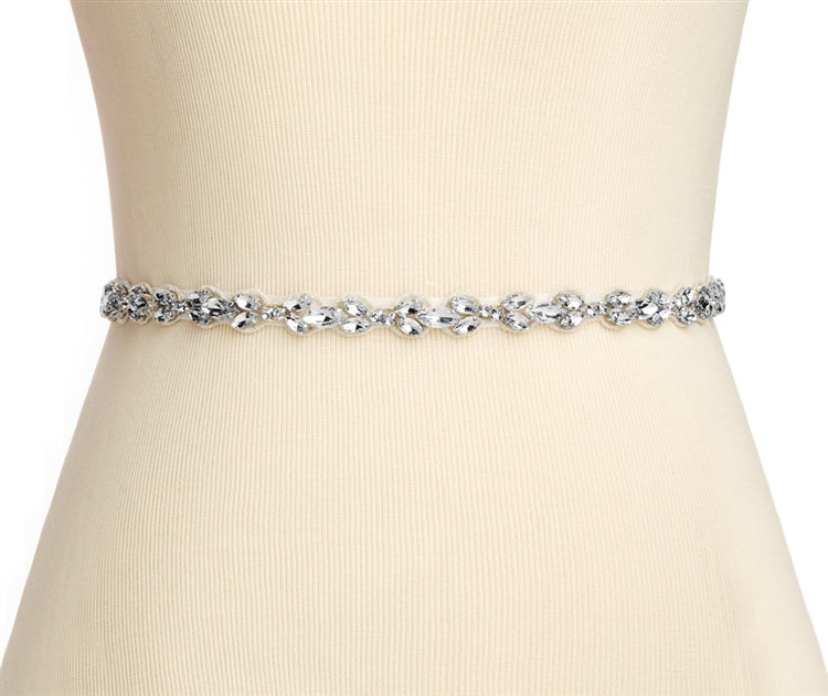 4659Extra Long 24" Narrow Bridal Belt with Clear Marquis Crystal Applique on Ivory Ribbon