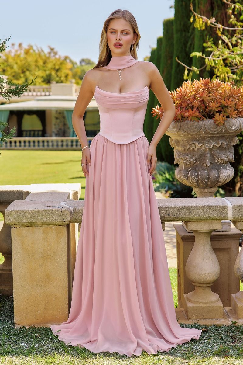 Satin Drape Chiffon Long Dress Corset
