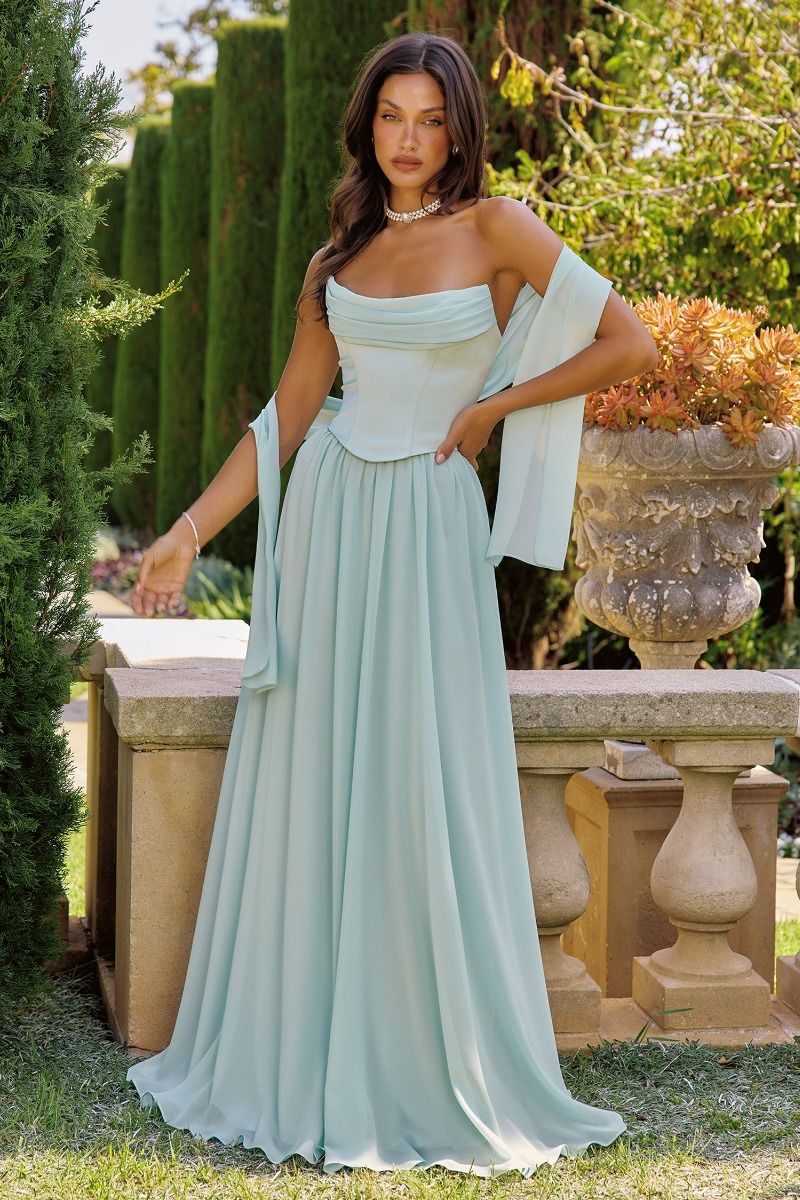Satin Drape Chiffon Long Dress Corset