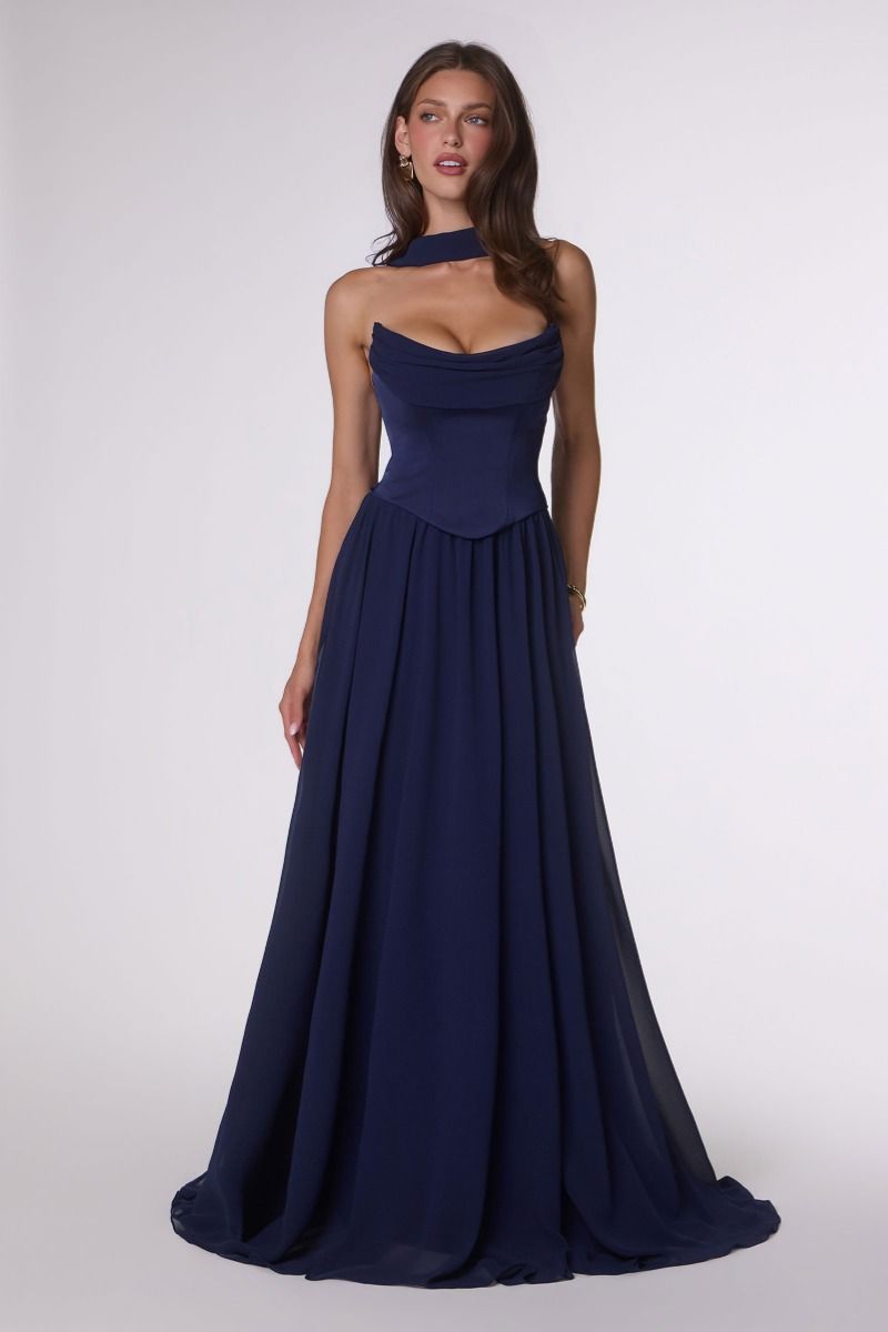 Satin Drape Chiffon Long Dress Corset
