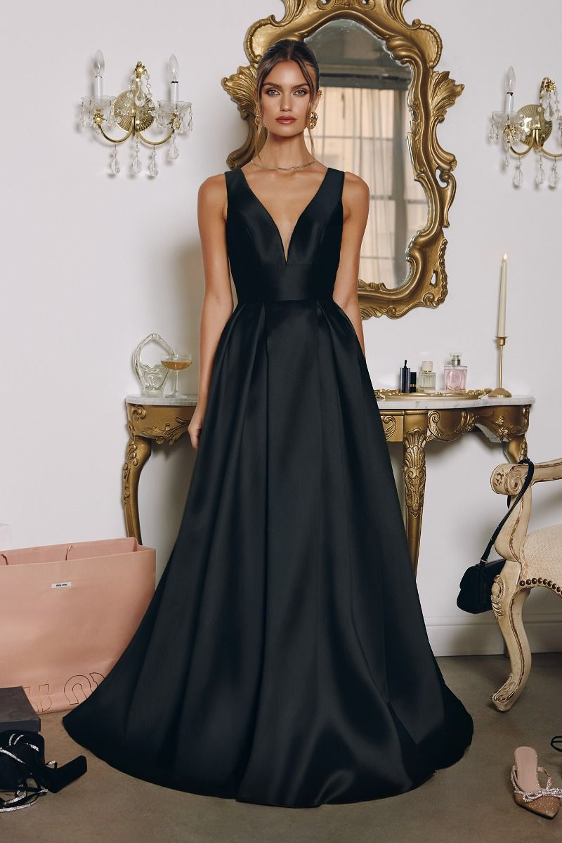 V Neck Mikado Ball Gown with Pockets