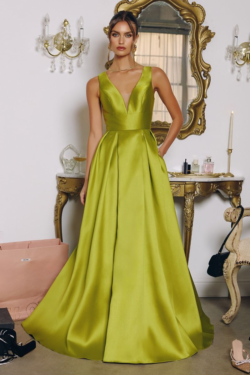 V Neck Mikado Ball Gown with Pockets