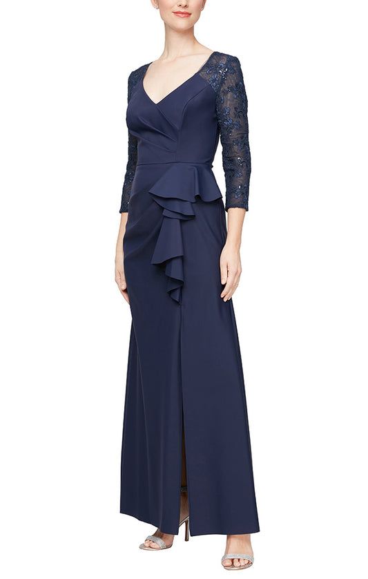 LONG V-NECK CONTOUR COLLECTION DRESS FEATURING SMOOTHFIT FABRIC WITH EMBROIDERED ILLUSION SLEEVES AND FRONT CASCADE DETAIL