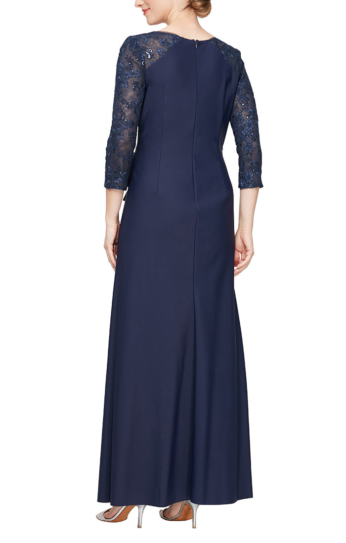 LONG V-NECK CONTOUR COLLECTION DRESS FEATURING SMOOTHFIT FABRIC WITH EMBROIDERED ILLUSION SLEEVES AND FRONT CASCADE DETAIL