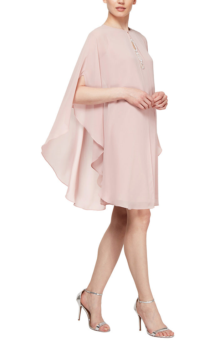 CHIFFON COCKTAIL DRESS WITH BEADED NECK AND CAPELET