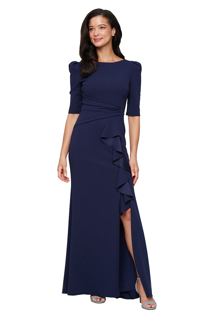 LONG STRETCH CREPE DRESS WITH PUFF SHOULDER ELBOW SLEEVES, TUCKED WAIST DETAIL AND CASCADE RUFFLE