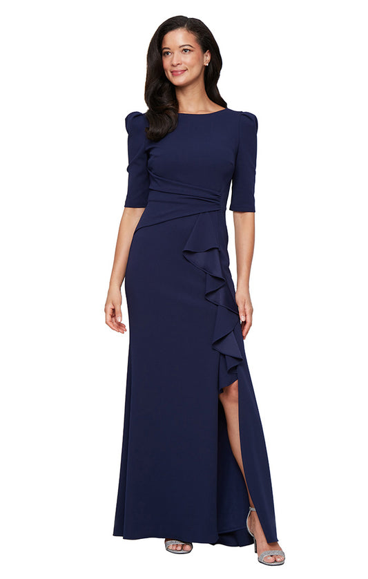 LONG STRETCH CREPE DRESS WITH PUFF SHOULDER ELBOW SLEEVES, TUCKED WAIST DETAIL AND CASCADE RUFFLE