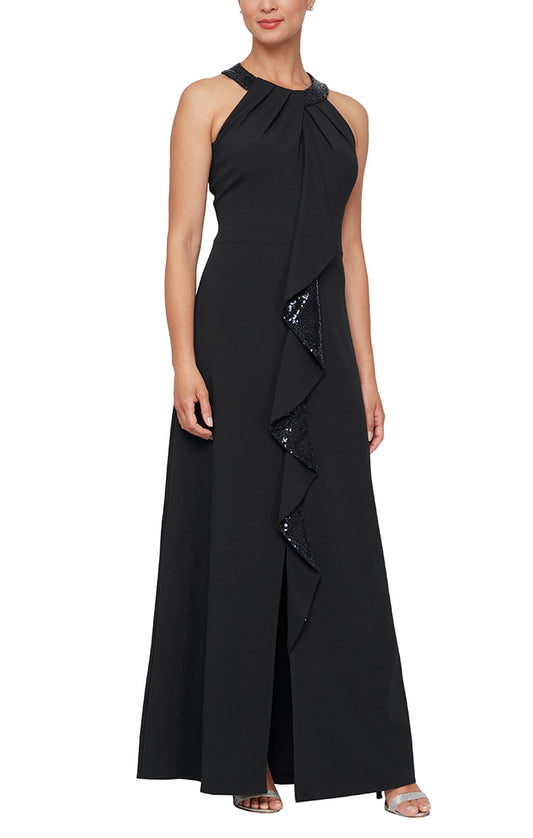 HALTER NECKLINE CREPE GOWN WITH SEQUIN CASCADE RUFFLE DETAIL