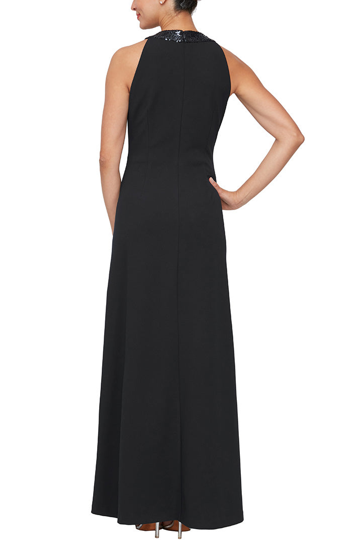 HALTER NECKLINE CREPE GOWN WITH SEQUIN CASCADE RUFFLE DETAIL