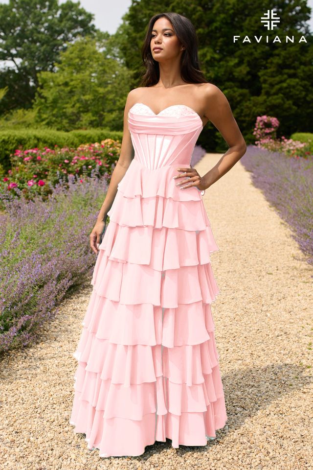 Seaglass Peekaboo Corset Satin And Chiffon Dress With Tiered Ruffled Skirt